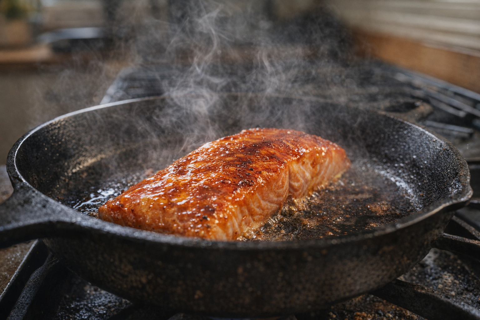 A salmon fillet sizzling in a cast iron pan, coated in a vibrant orange glaze. The pan is slightly charred, and steam is rising from the fish, conveying the sense of active cooking.